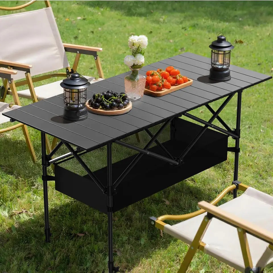 4FT Folding Camping Table, Portable Roll-Up Picnic Table with Carry Bag & Mesh Storage