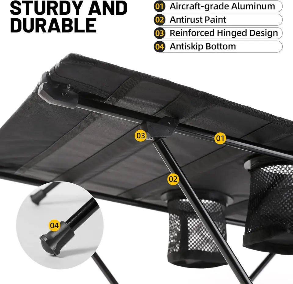 Foldable Camping Table with Drink Holder, Mesh Storage & Carry Bag - Compact Portable Outdoor Table for Beach, Picnic, Fishing,