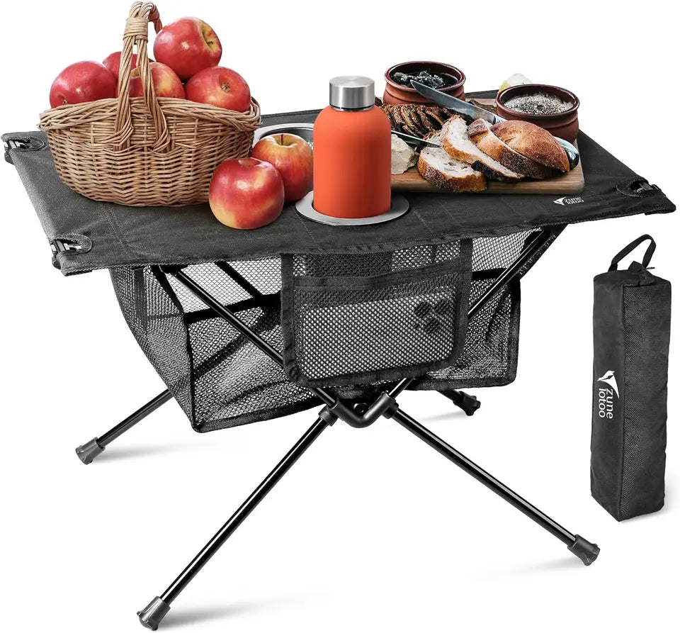 Foldable Camping Table with Drink Holder, Mesh Storage & Carry Bag - Compact Portable Outdoor Table for Beach, Picnic, Fishing,