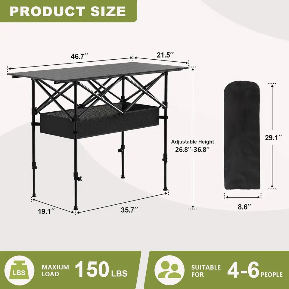 4FT Folding Camping Table, Portable Roll-Up Picnic Table with Carry Bag & Mesh Storage
