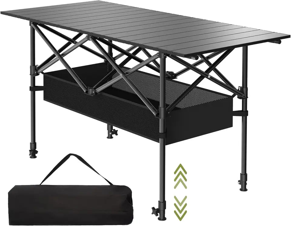 4FT Folding Camping Table, Portable Roll-Up Picnic Table with Carry Bag & Mesh Storage